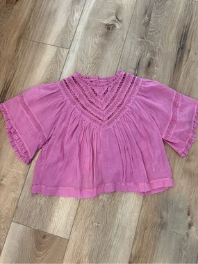Free People Pink Lace-Trim Boho Peasant Top